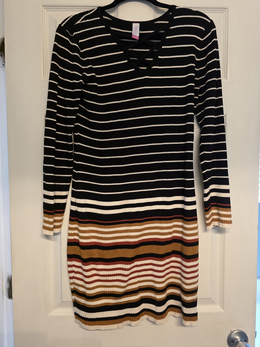 Striped Knit Sweater Dress in Black and Multi